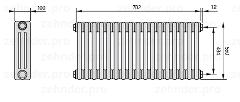 Схема (чертеж) Радиатор Zehnder Charleston 3055/17 №7610 Белый глянцевый RAL 9016